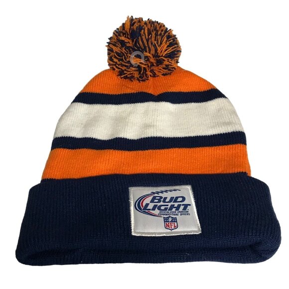 Bud Light NFL Denver Broncos Striped Beanie With Pom One Size Acrylic - Picture 2 of 4